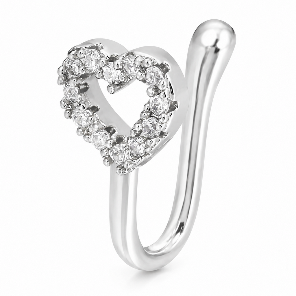 Faux piercing nez cœur ouvert à strass argenté sans piercing