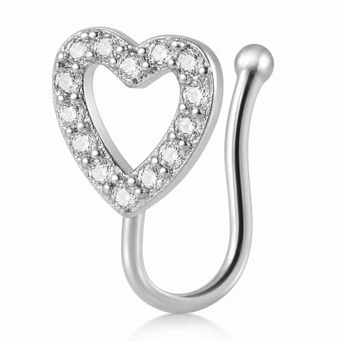 Faux piercing nez cœur ouvert à strass argenté sans piercing