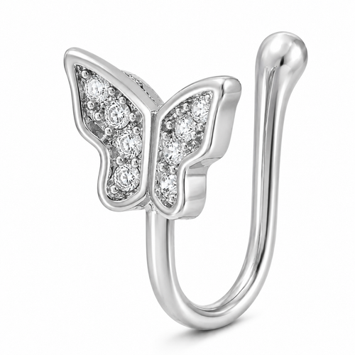 Faux piercing nez papillon pavé de strass argenté sans piercing