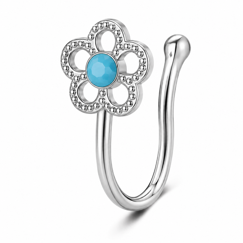 Faux piercing nez fleur à pierre bleue argenté sans piercing