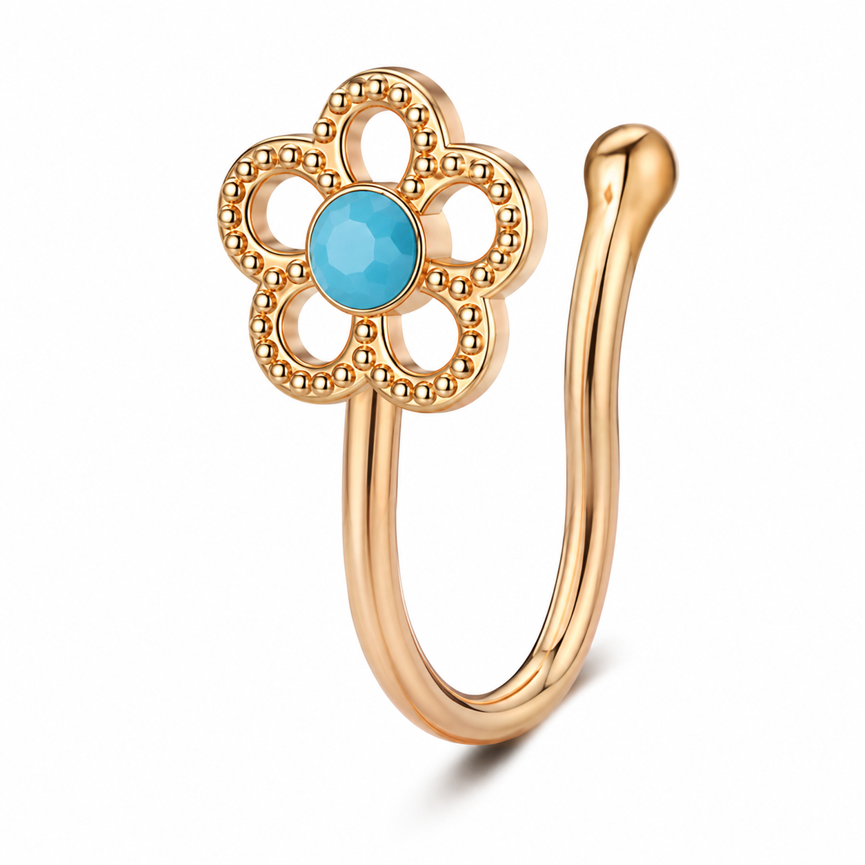 Faux piercing nez fleur à pierre bleue doré sans piercing