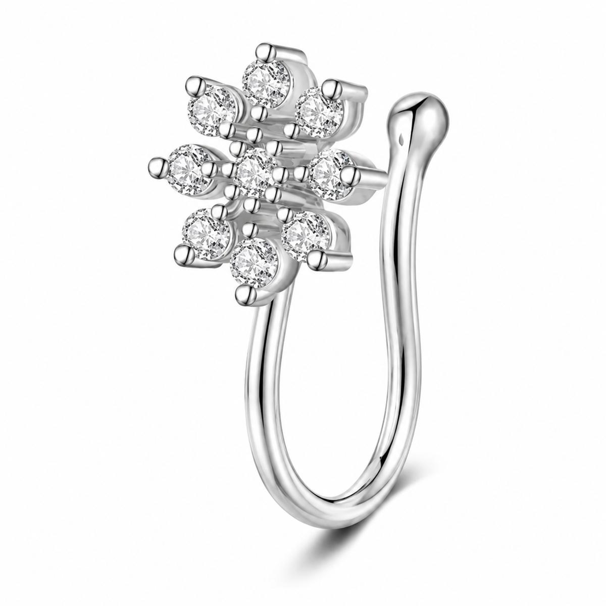 Cassia, faux piercing nez argenté, strass ronds sur griffes