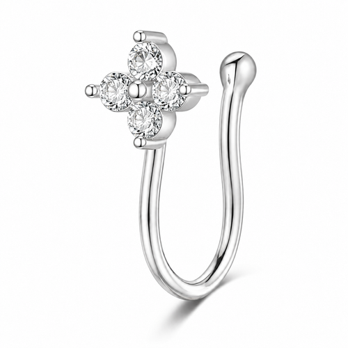 Faux piercing nez fleur à quatre strass argenté sans piercing