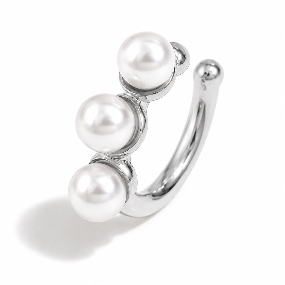 Ear cuff 3 perles argenté, jonc épais terminé par une bille