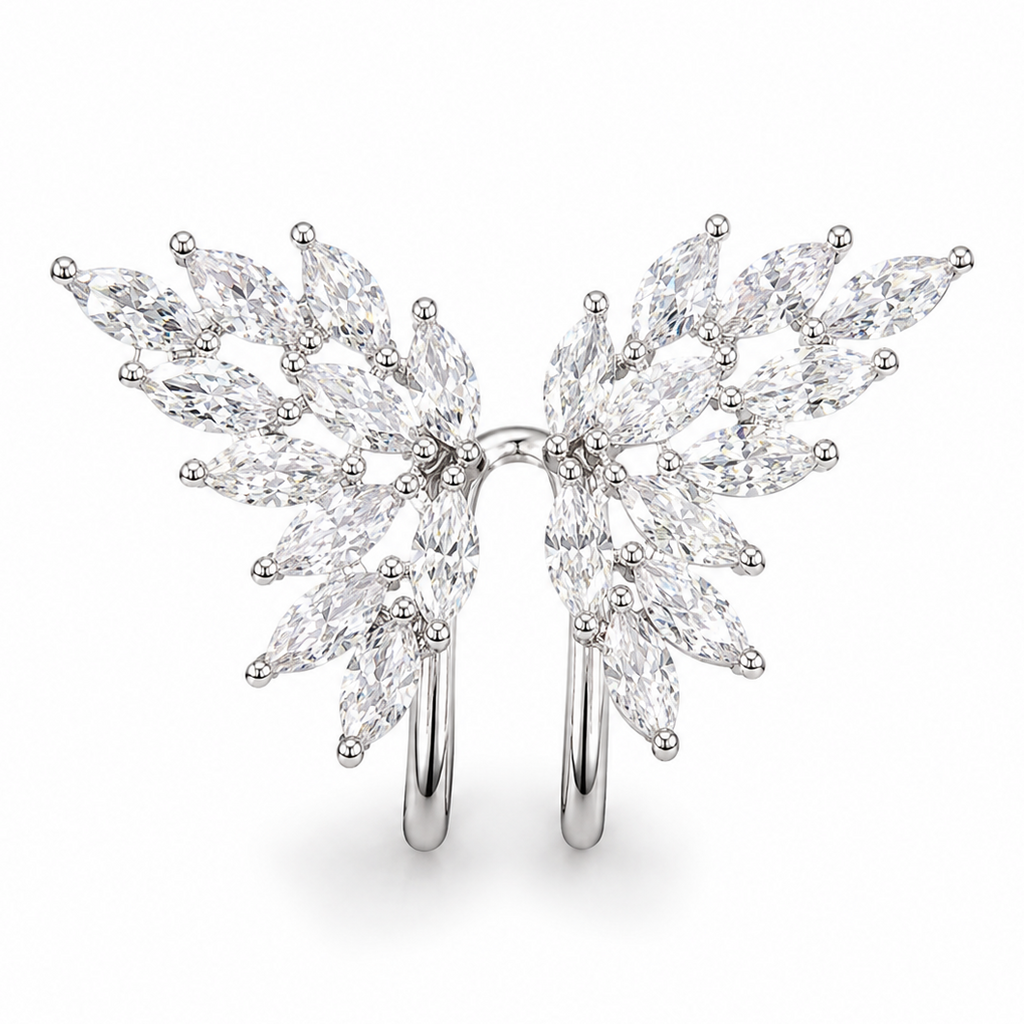 Ear cuff ailes cristallines argenté, deux ailes de pierres navette