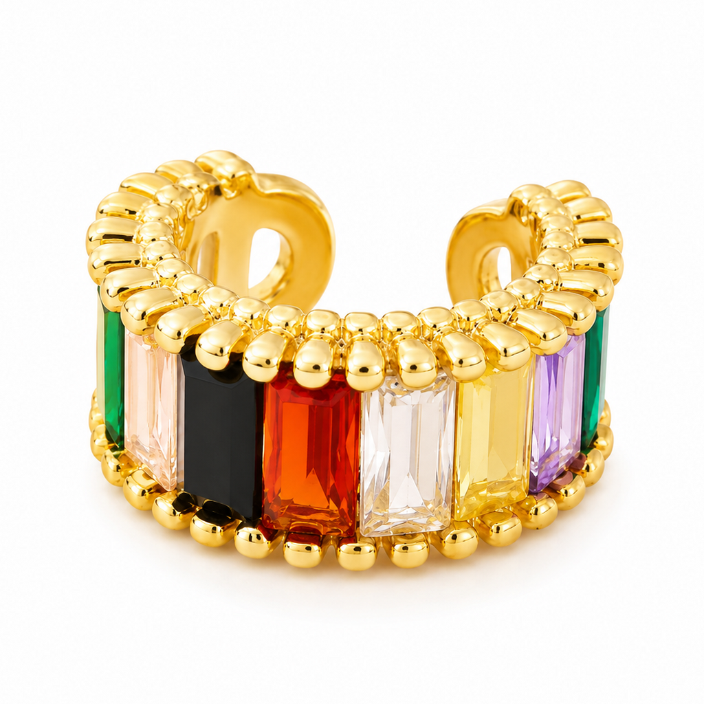 Ear cuff baguettes arc-en-ciel doré, baguettes multicolores entre bordures perlées