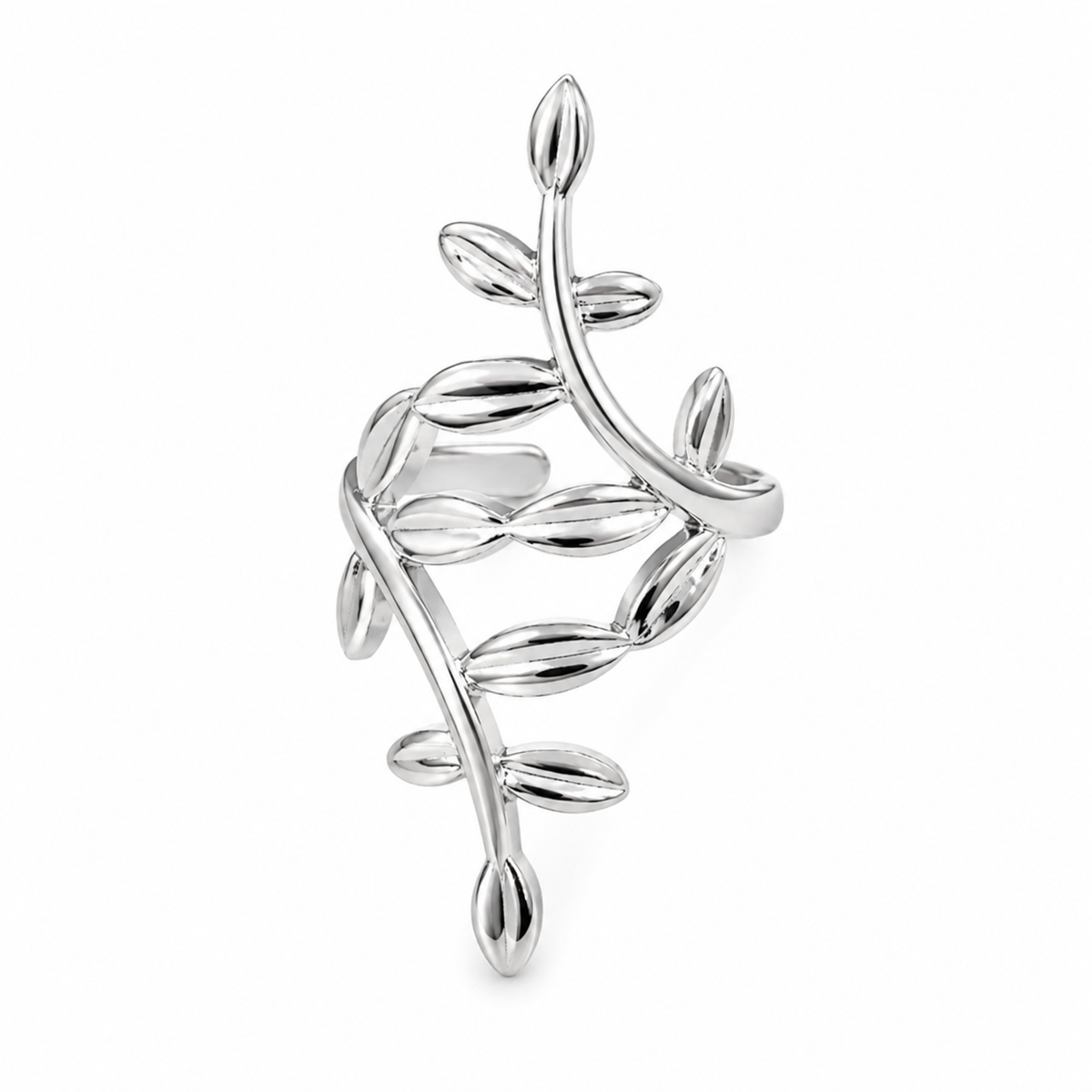 Ear cuff branche feuilles argenté, feuilles bombées au poli brillant