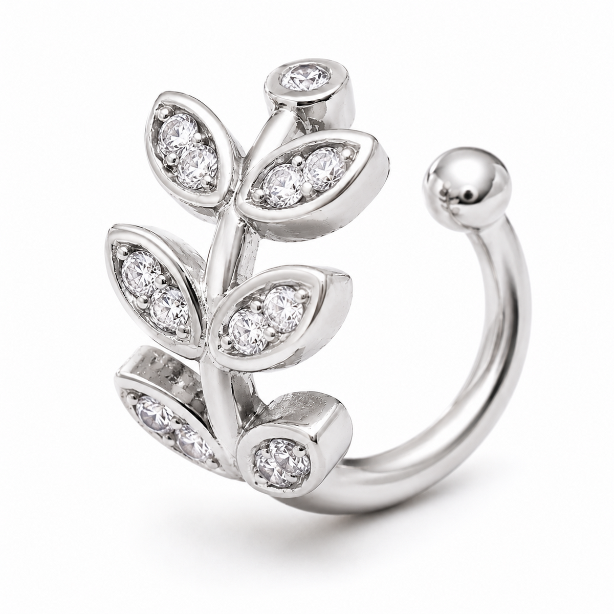 Ear cuff branche feuilles pavées argenté, rameau scintillant
