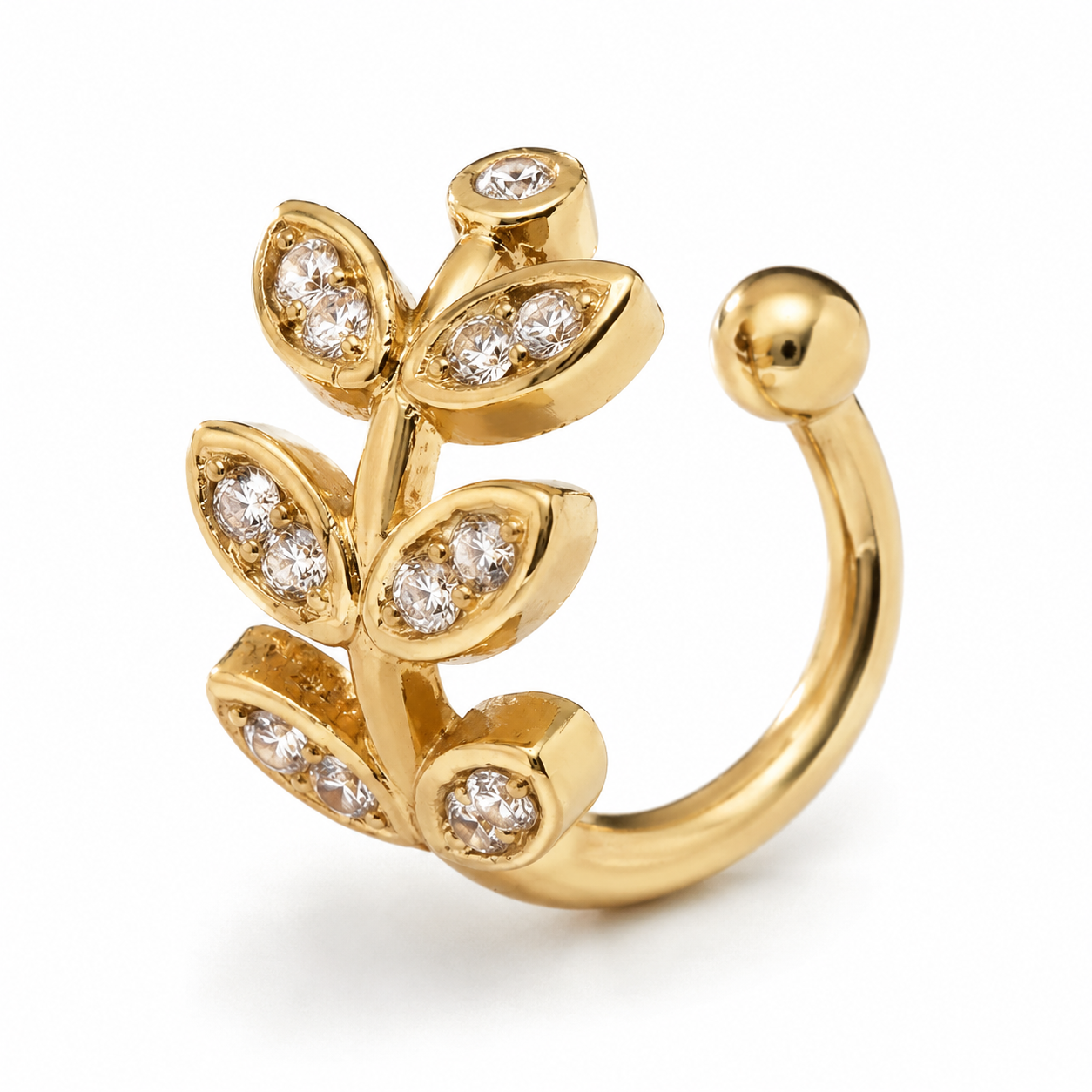 Ear cuff branche feuilles pavées doré sans piercing