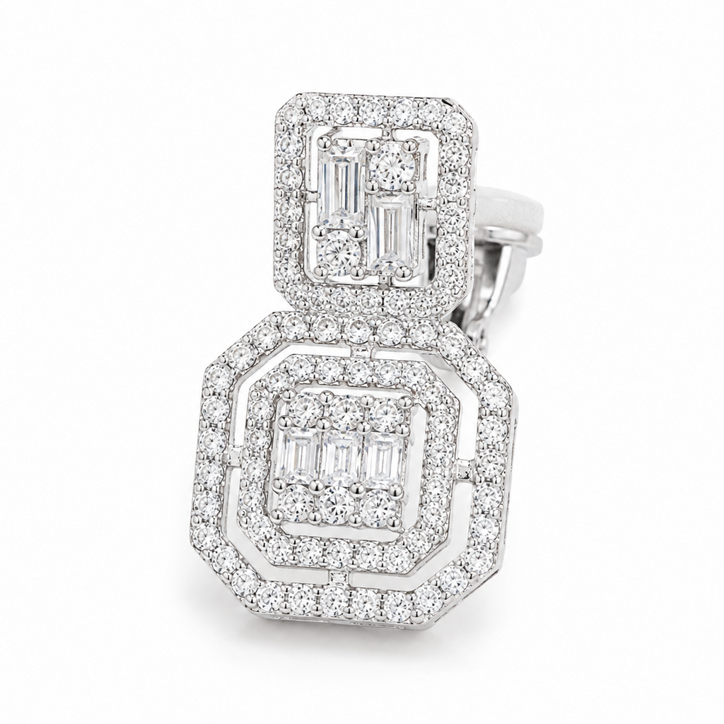 Ear cuff cadres cristallins suspendus argenté, rectangle et octogone pavés