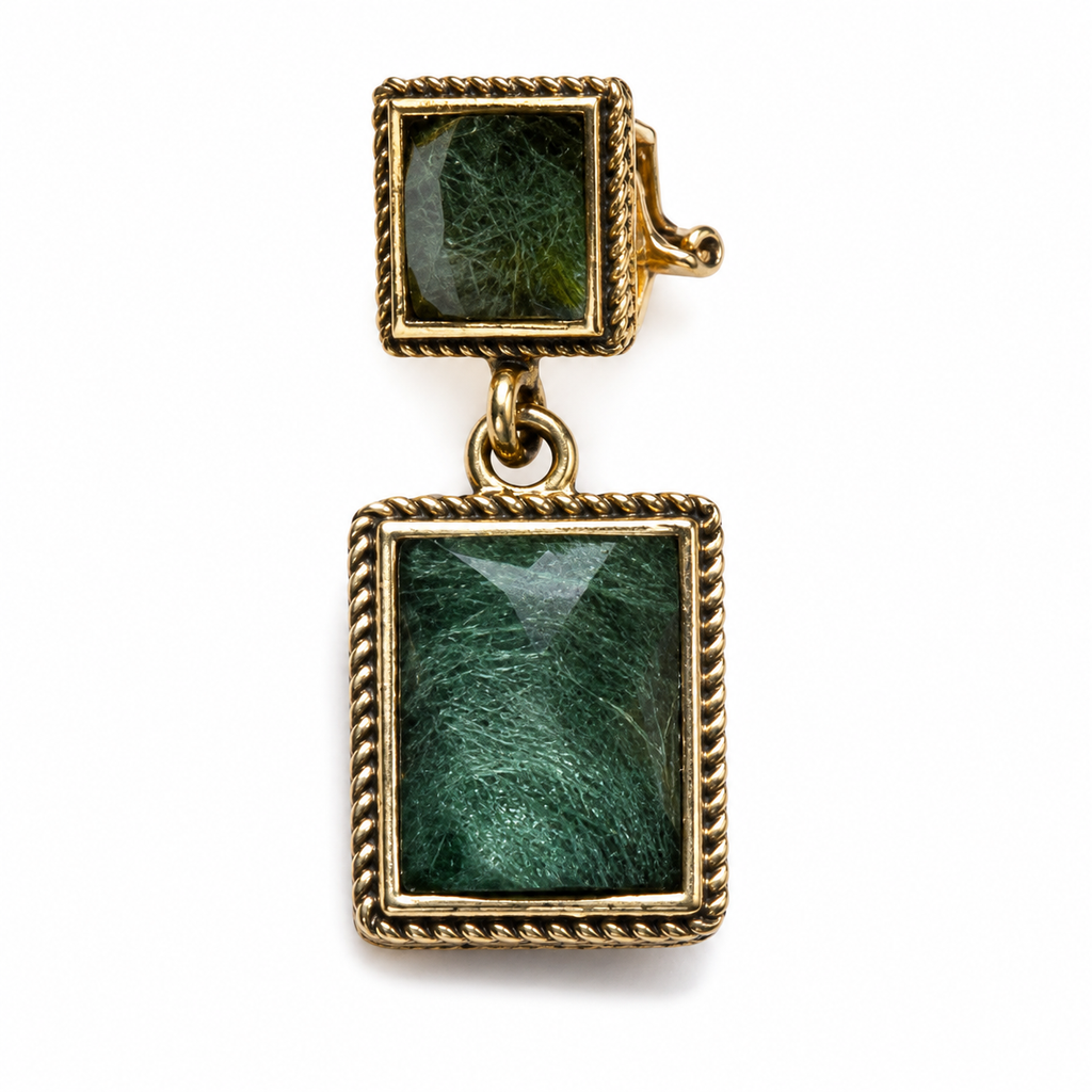 Ear cuff cadres pendants doré, deux pierres vert sapin dans des cadres torsadés