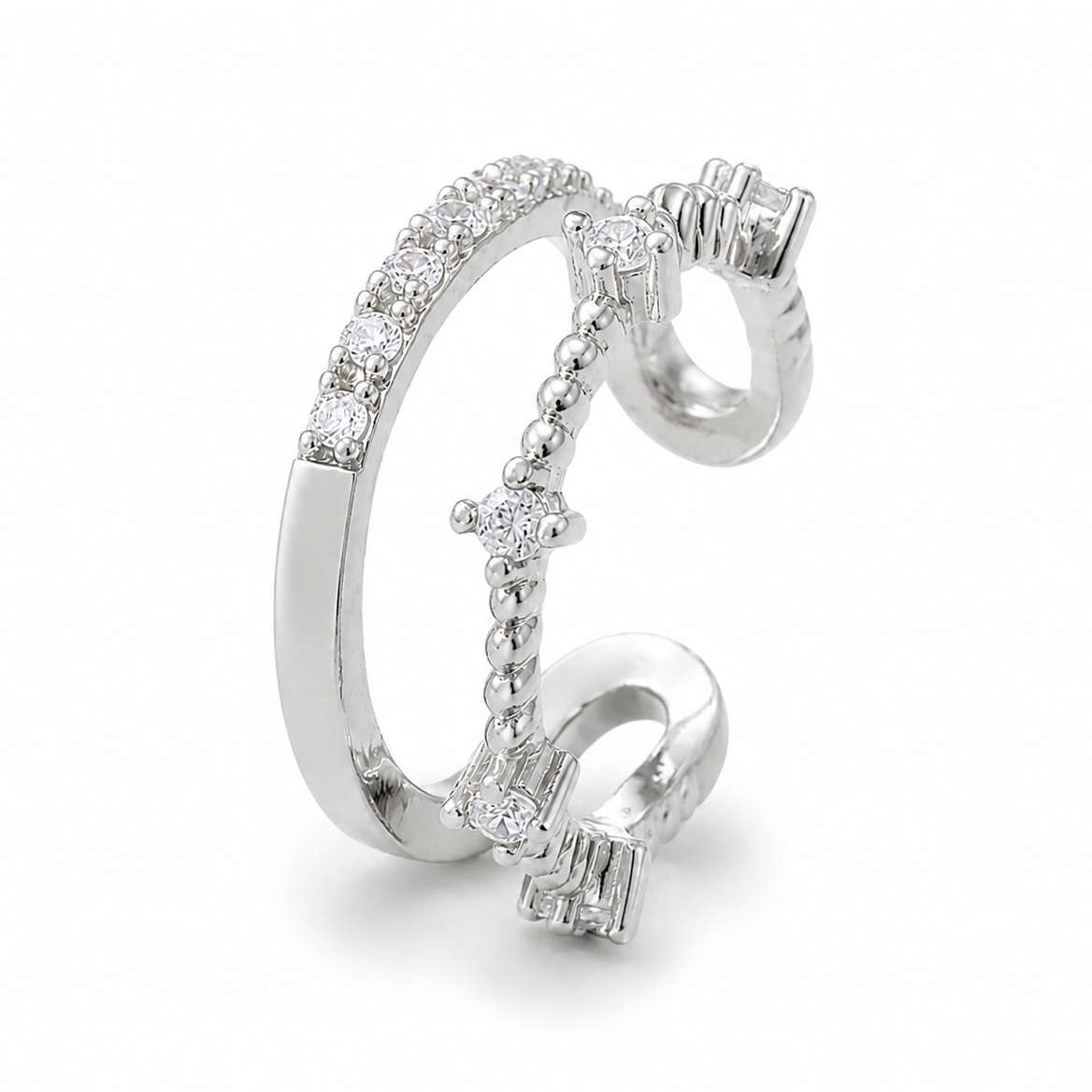 Ear cuff cercle pavé élégant argenté, deux joncs fins