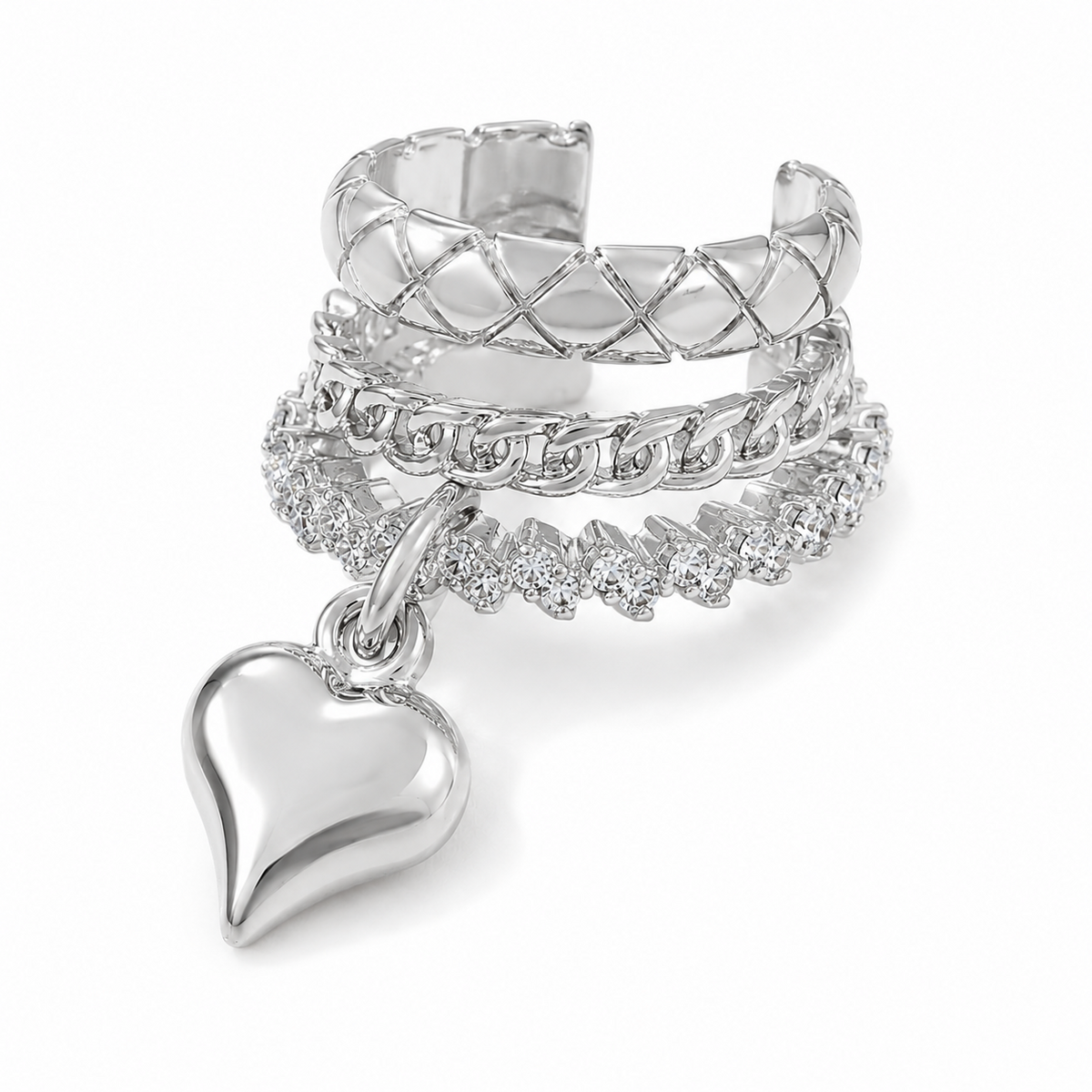 Ear cuff croisé cœur pendant argenté, trois bandes et breloque cœur bombée