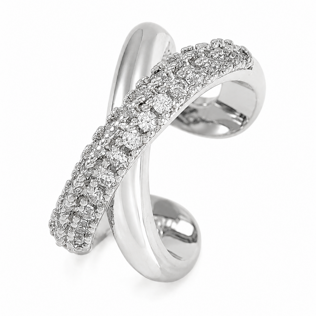 Ear cuff croisé pavé argenté, double ligne de zircons sur le devant