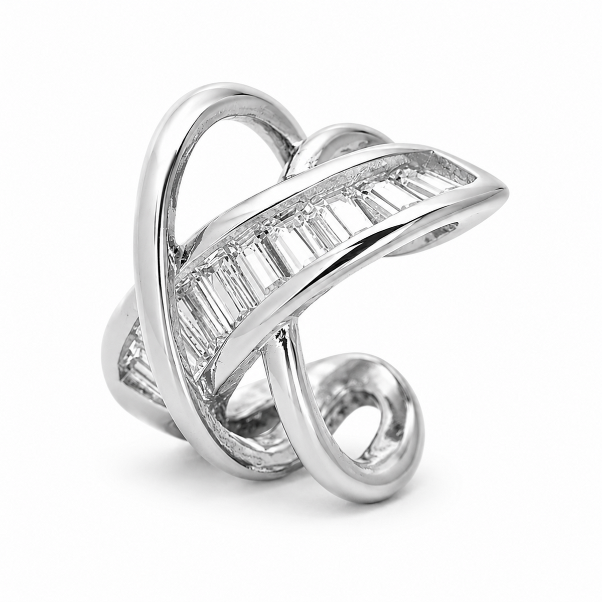 Ear cuff croisé pavé baguette argenté, croisement poli et zircons rectangulaires