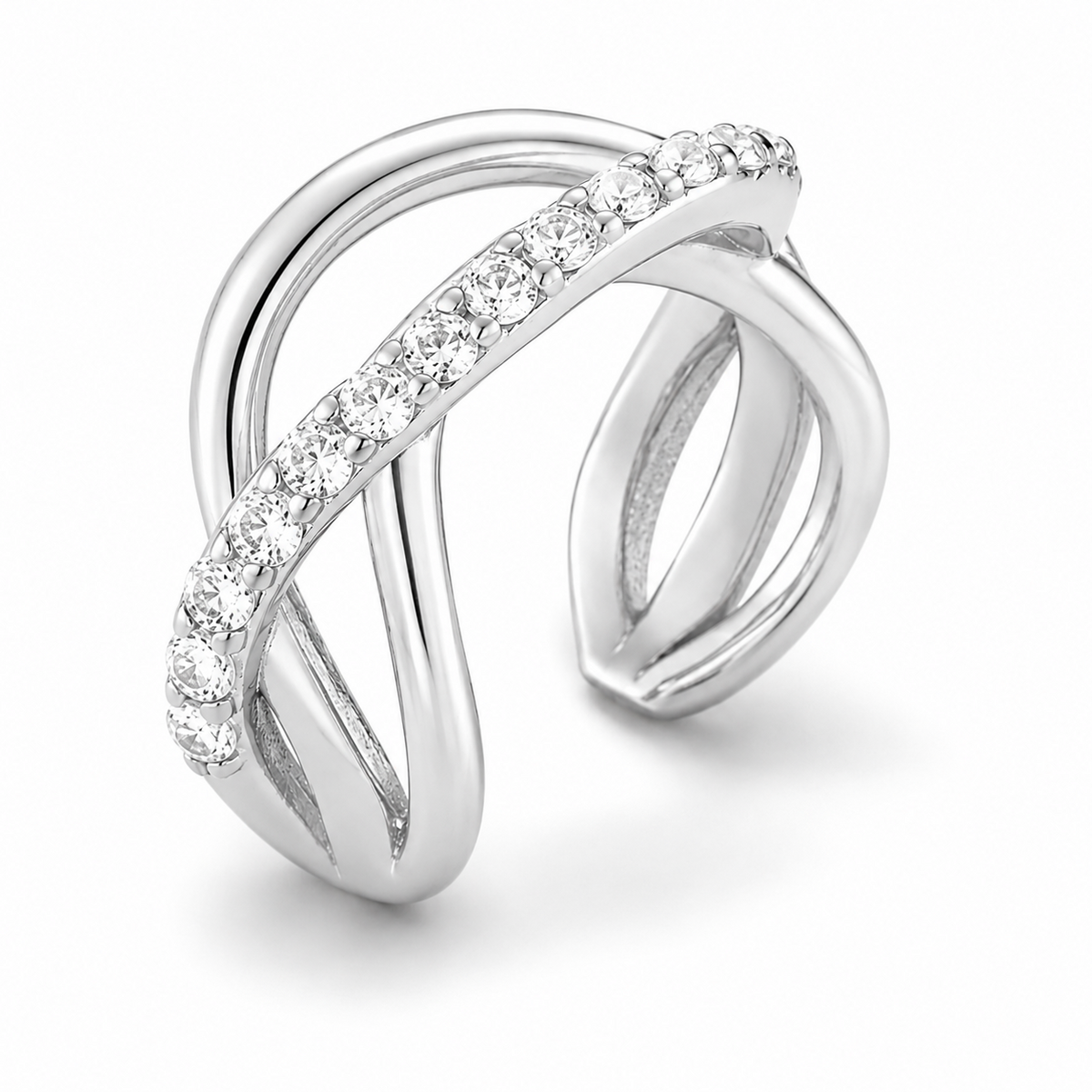 Ear cuff croisé pavé design argenté, ligne sertie en diagonale