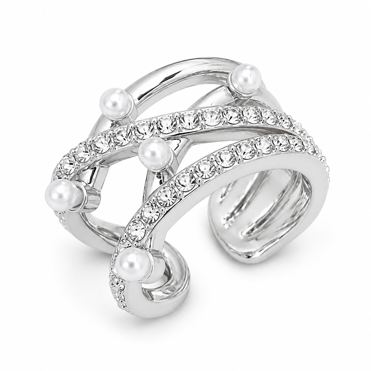 Ear cuff croisé perlé pavé argenté sans piercing