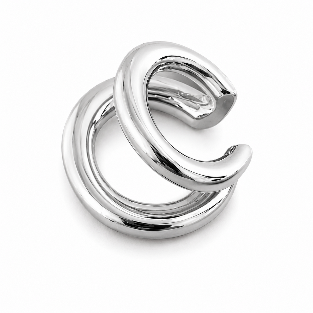 Ear cuff double anneau épais argenté, deux anneaux pleins au poli miroir
