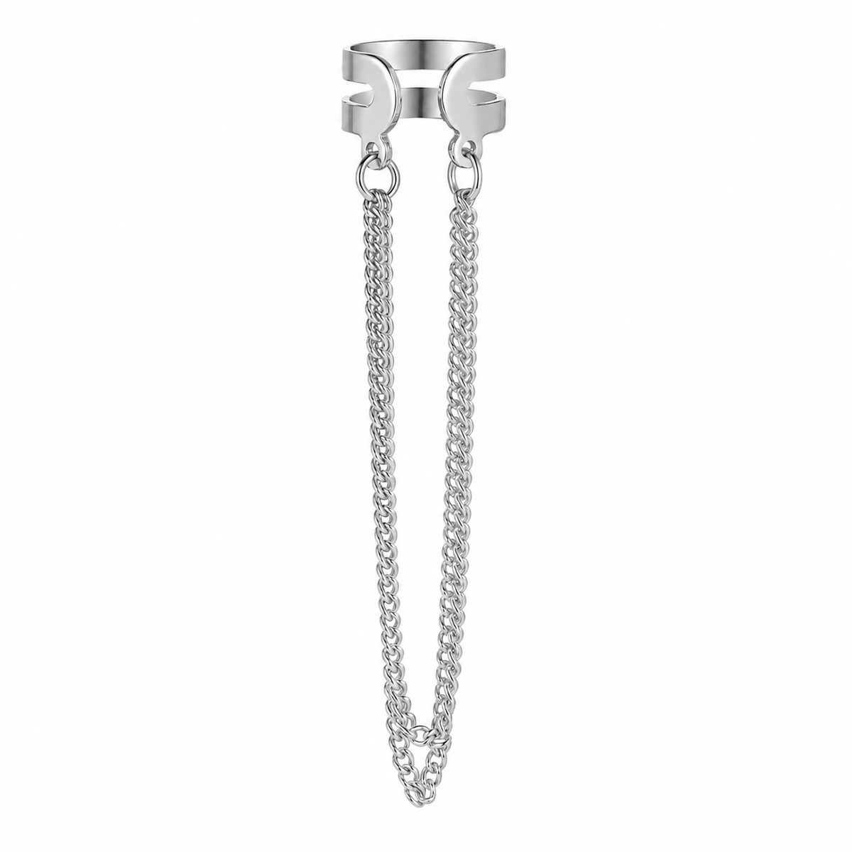 Ear cuff double chaîne pendante argenté, chaînettes en boucle décalées
