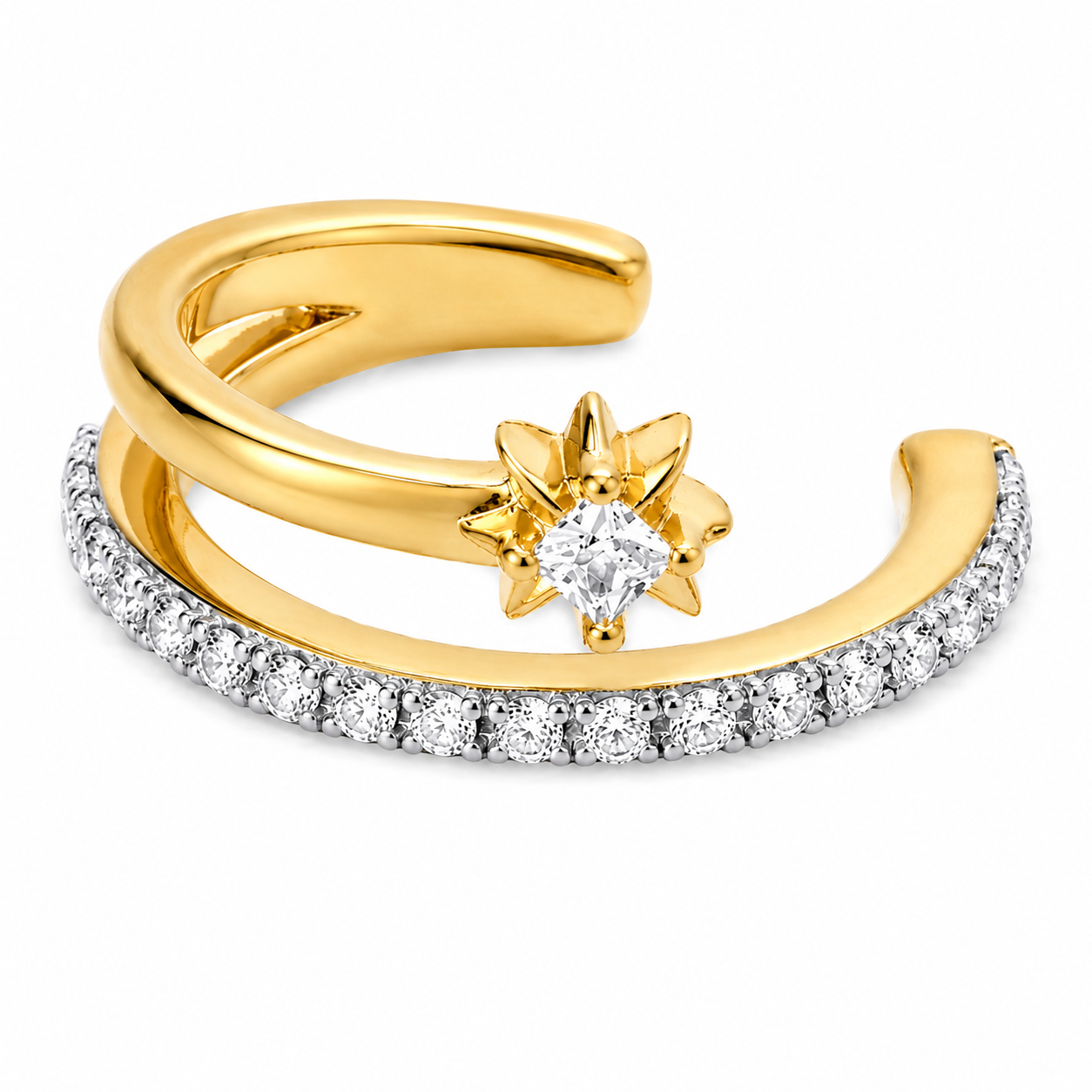 Ear cuff double etoile pavée doré sans piercing