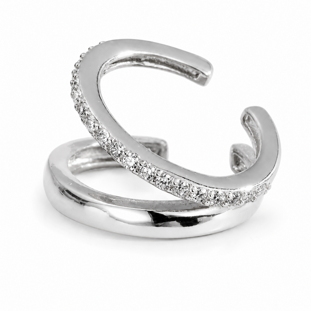 Ear cuff double ligne pavée argenté, rangée de zircons