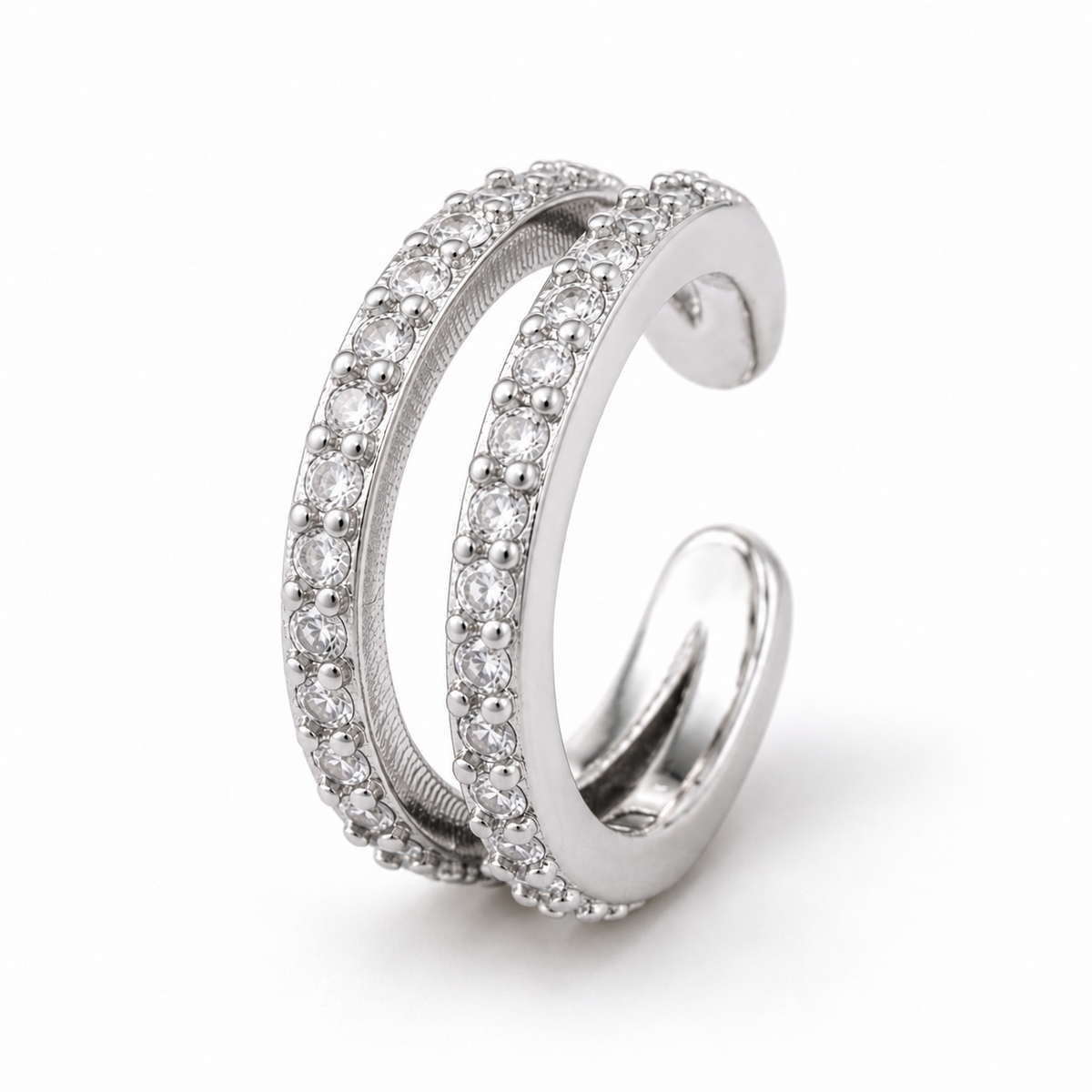 Ear cuff double minimaliste argenté, lignes de zircons