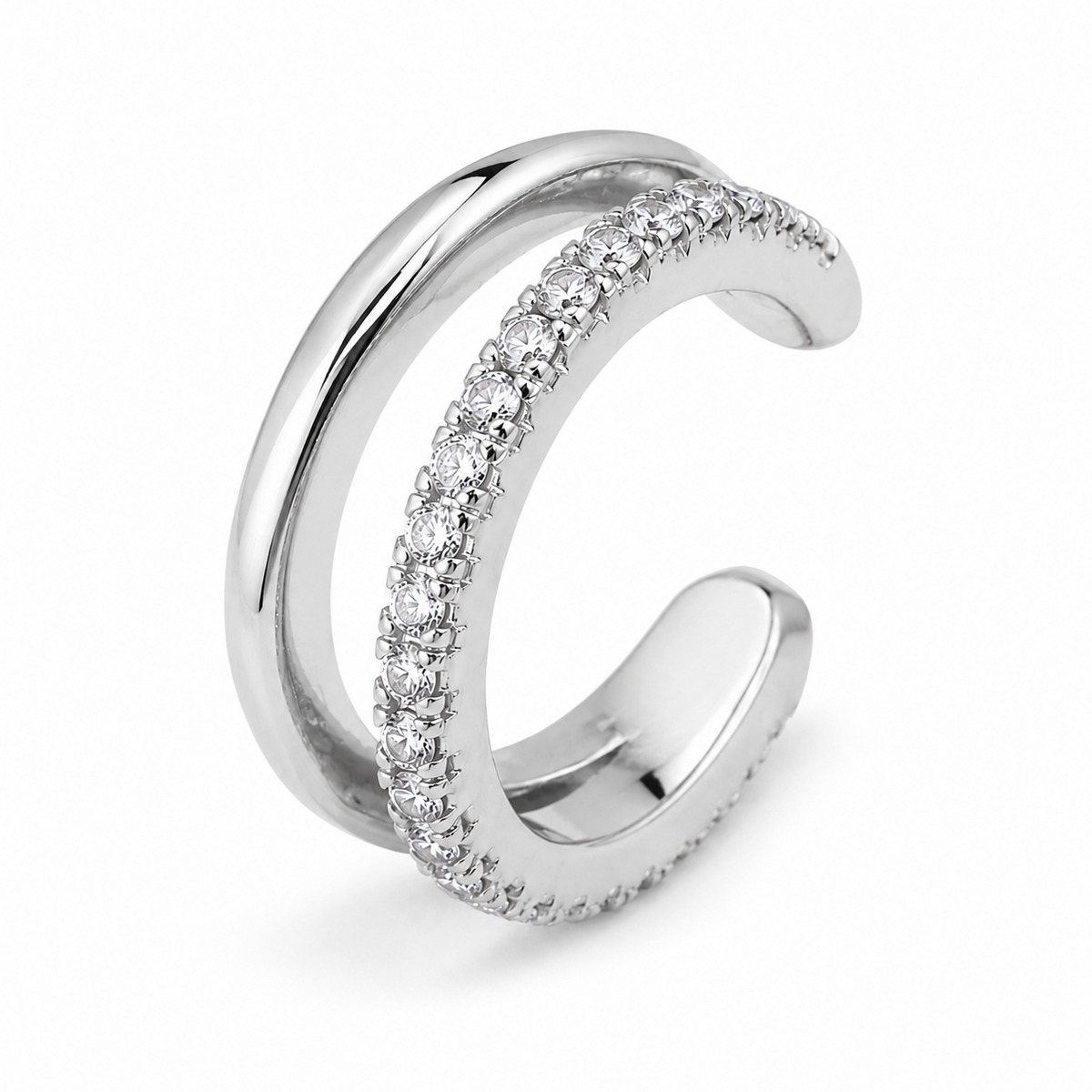 Ear cuff double pavé argenté, deux arcs réunis à l'extrémité
