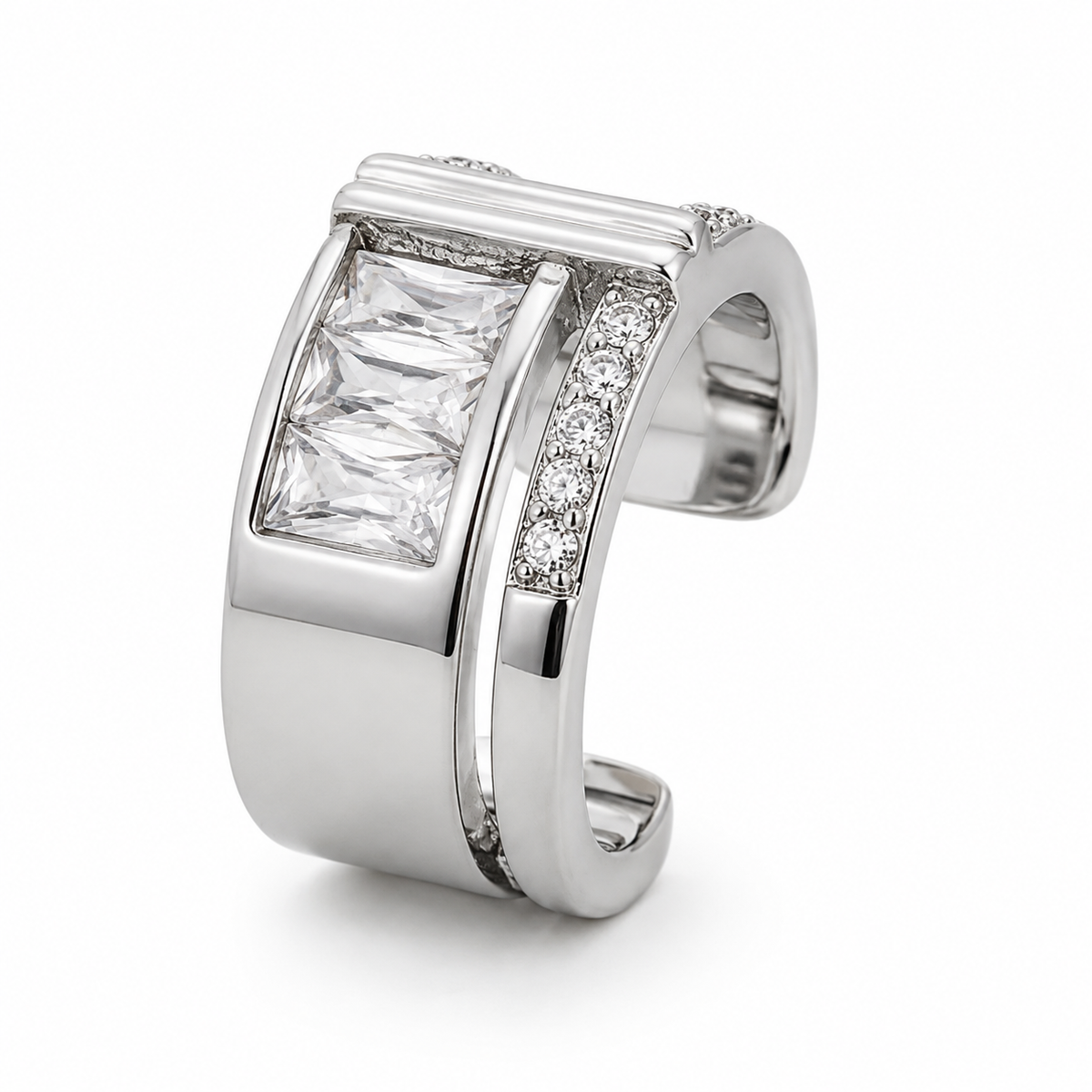 Ear cuff double pavé rectangle argenté, jonc large et poli