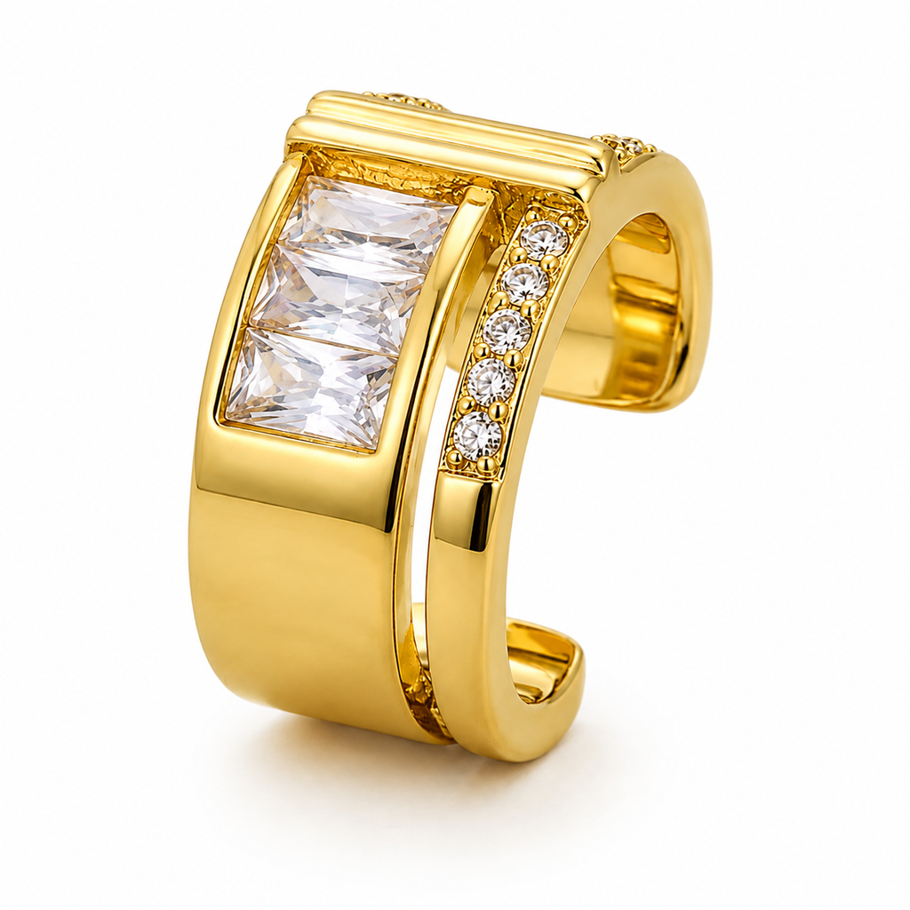 Ear cuff double pavé rectangle doré, colonne de baguettes et ligne de zircons