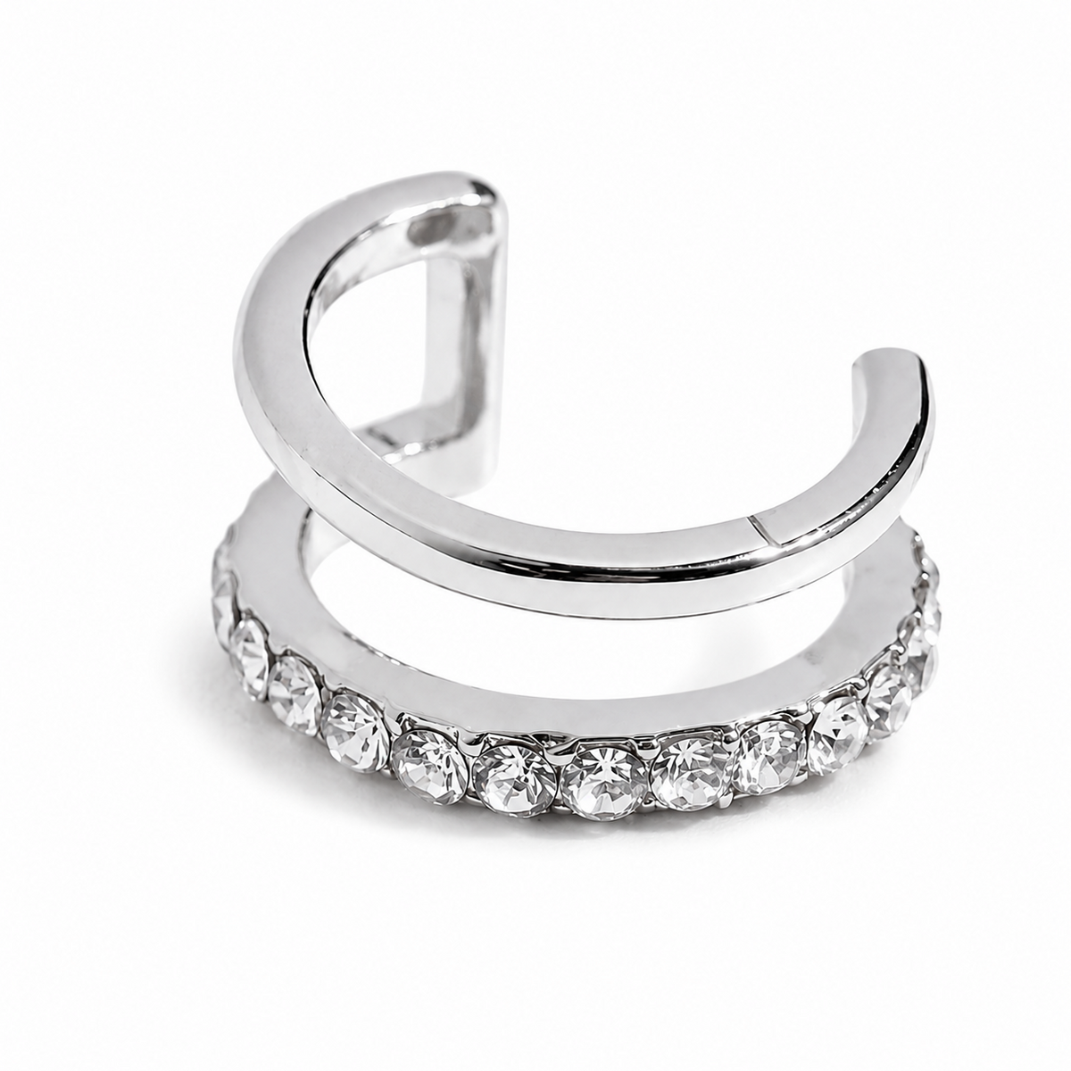 Ear cuff double rangée brillante argenté, ligne continue de strass