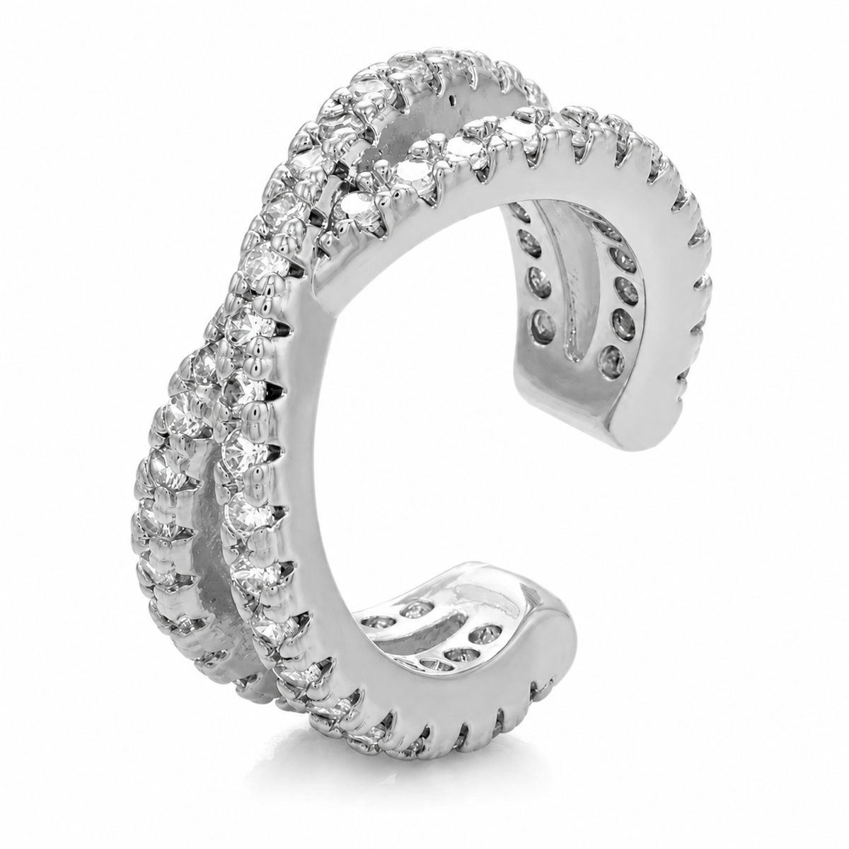 Ear cuff double rangée pavée argenté, pavage de pierres claires sur tout le tour
