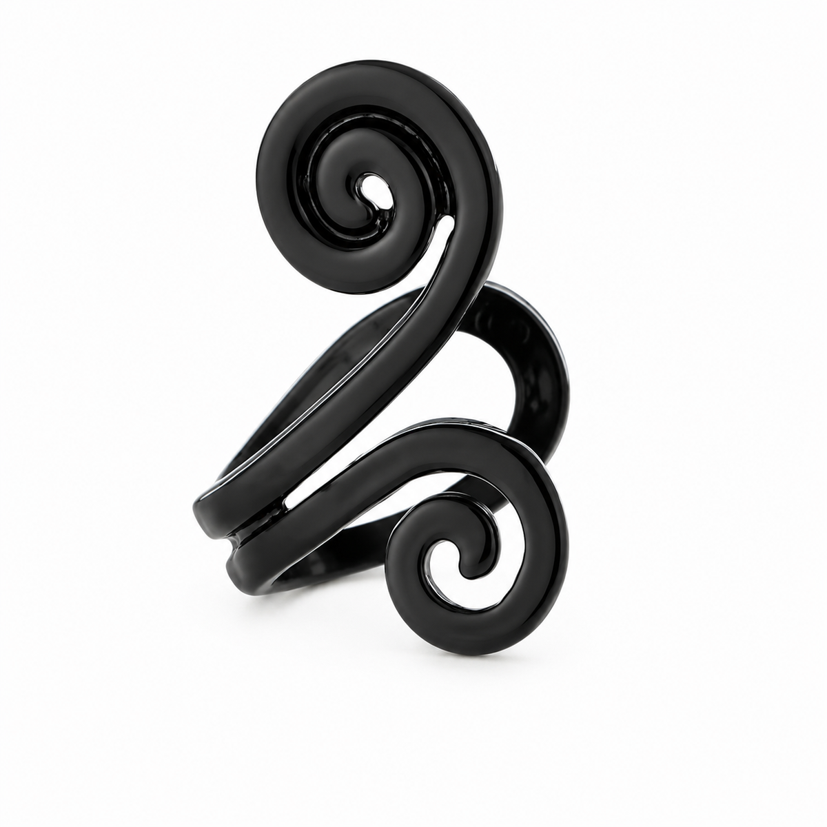 Ear cuff double spirale noir brillant, deux volutes en S vues de trois quarts