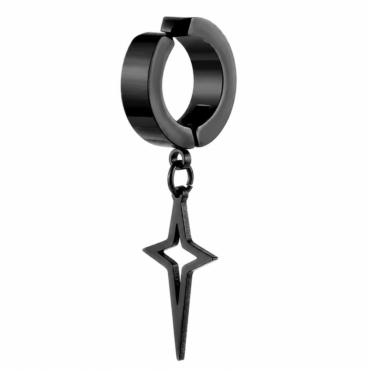 Ear cuff étoile ajourée noir, étoile allongée suspendue sous l'anneau