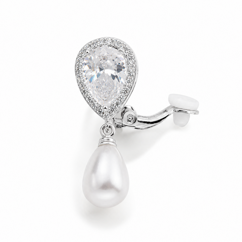 Ear cuff goutte perlée pavée argenté, pierre poire auréolée et perle goutte