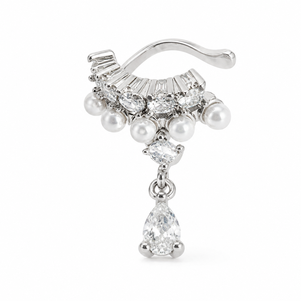 Ear cuff perles pendantes argenté, zircons baguette, perles et goutte en poire