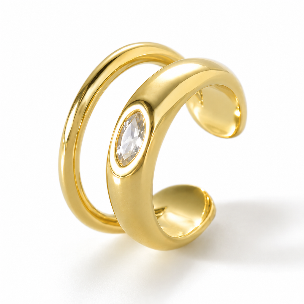 Ear cuff prisme solitaire doré, deux joncs et pierre ovale sertie clos