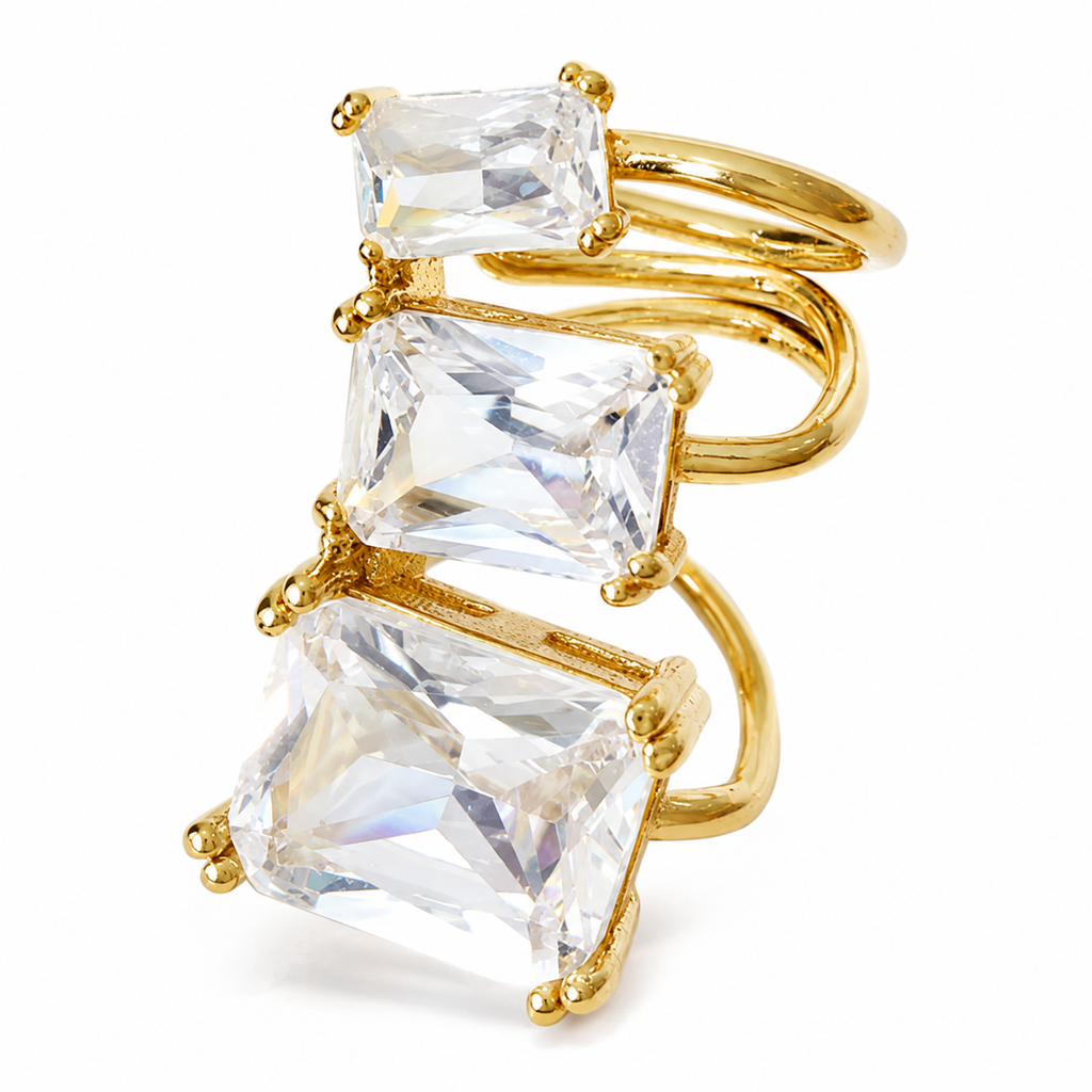 Ear cuff rectangle triple ligne doré, trois pierres taille émeraude en escalier