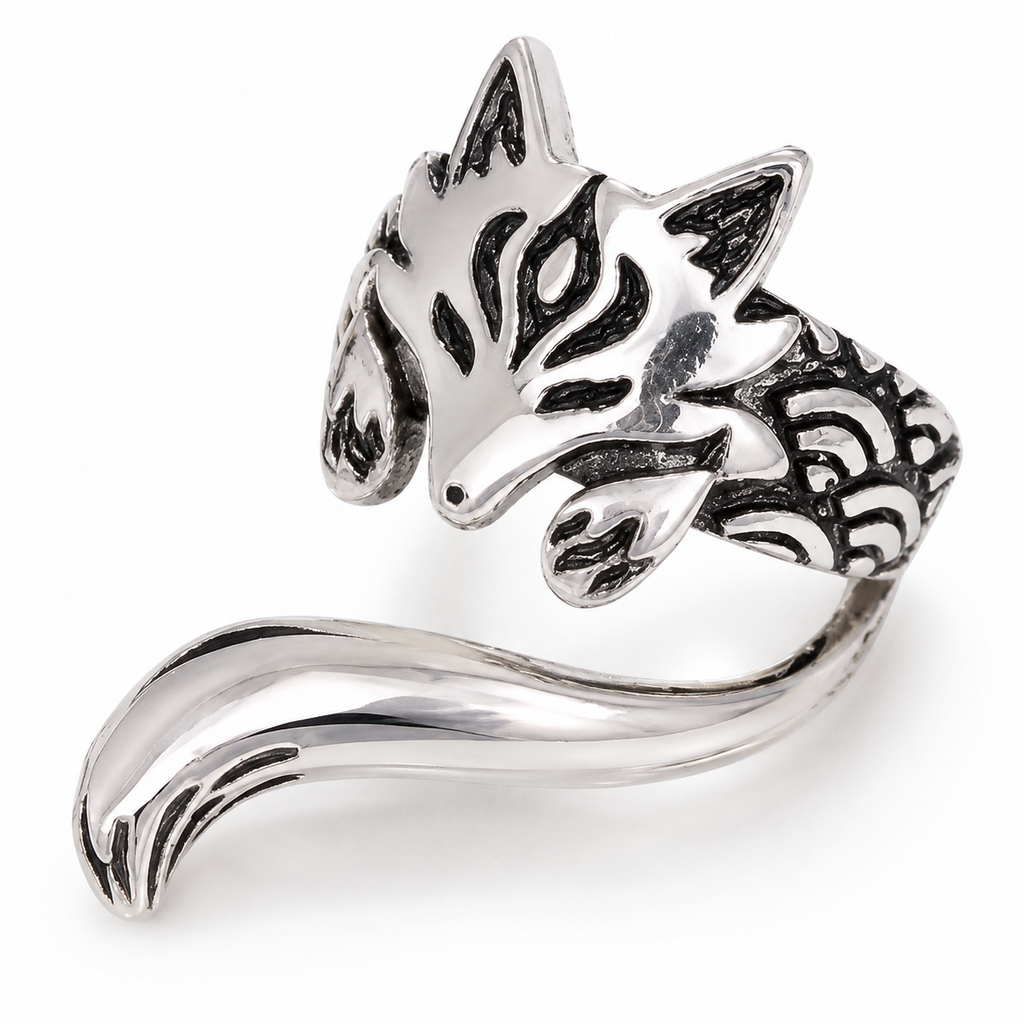 Ear cuff renard argent vieilli, tête ciselée et longue queue touffue