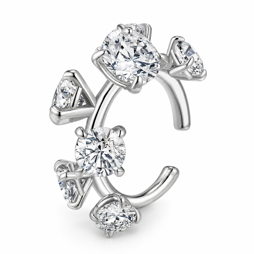 Ear cuff solitaire asymétrique argenté, six pierres rondes de tailles variées