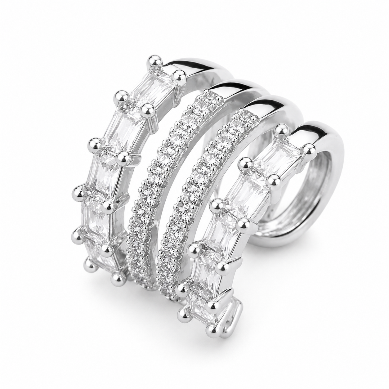 Ear cuff triple rang pavé rectangle argenté sans piercing