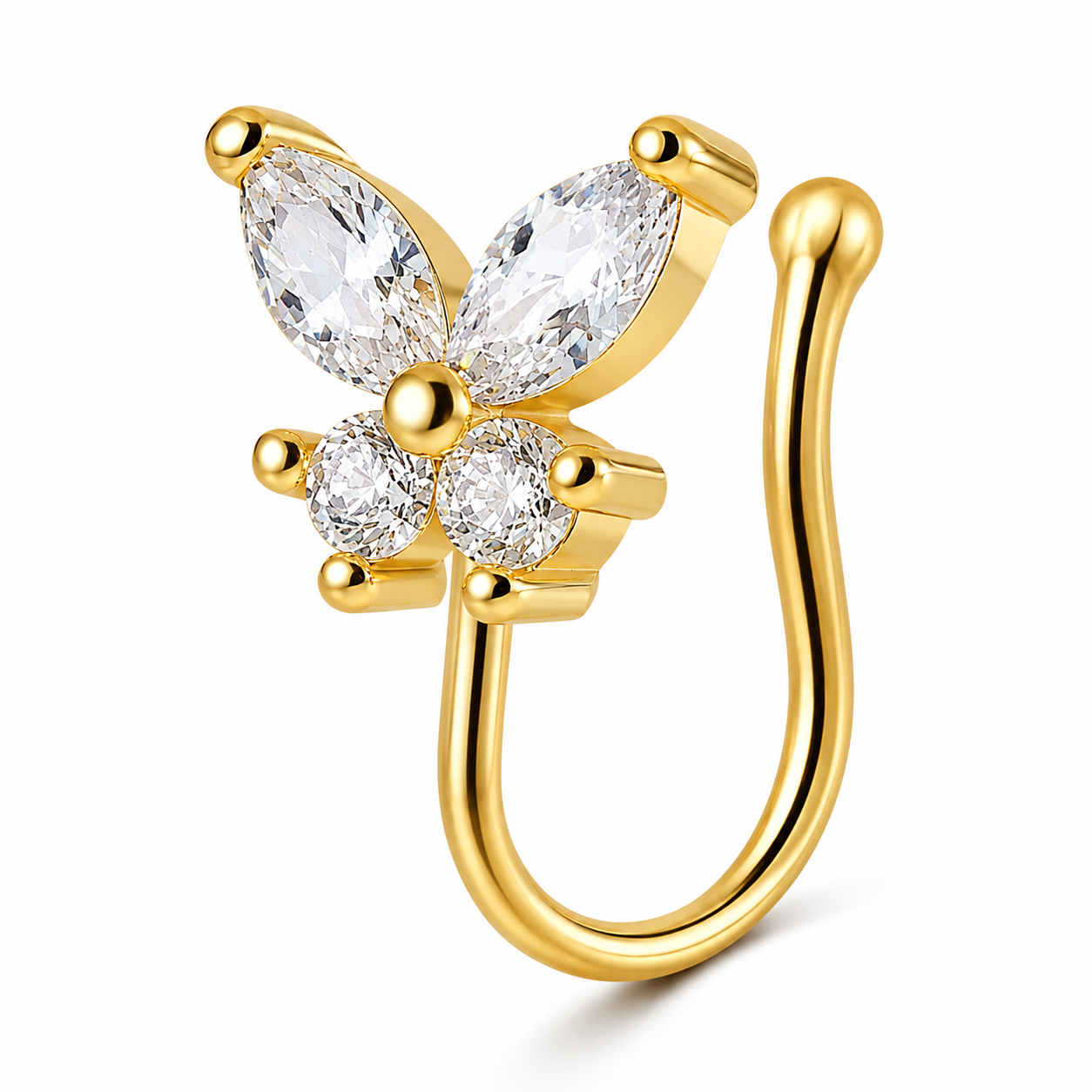Faux piercing nez papillon à quatre strass doré sans piercing