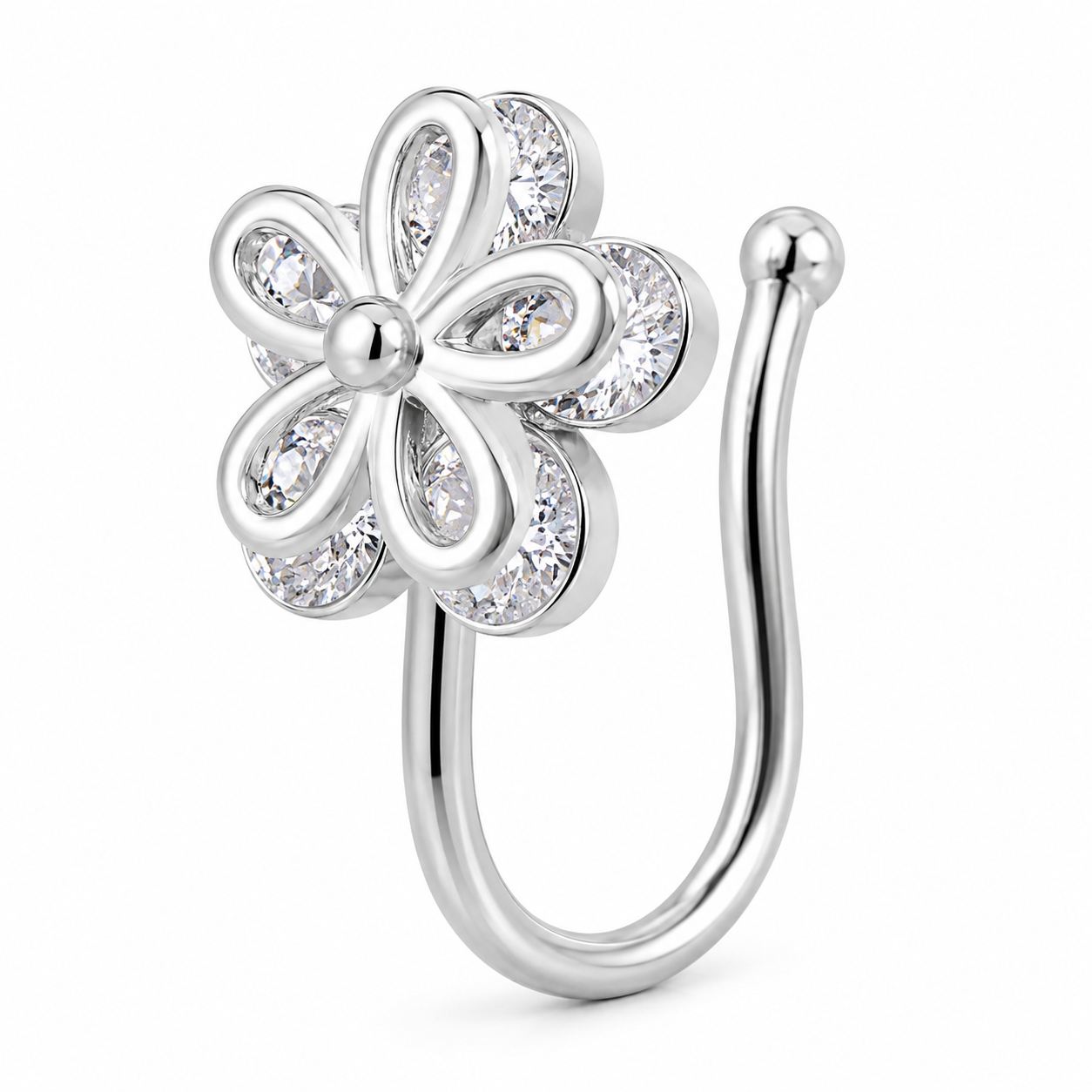 Faux piercing nez double fleur à strass argenté sans piercing