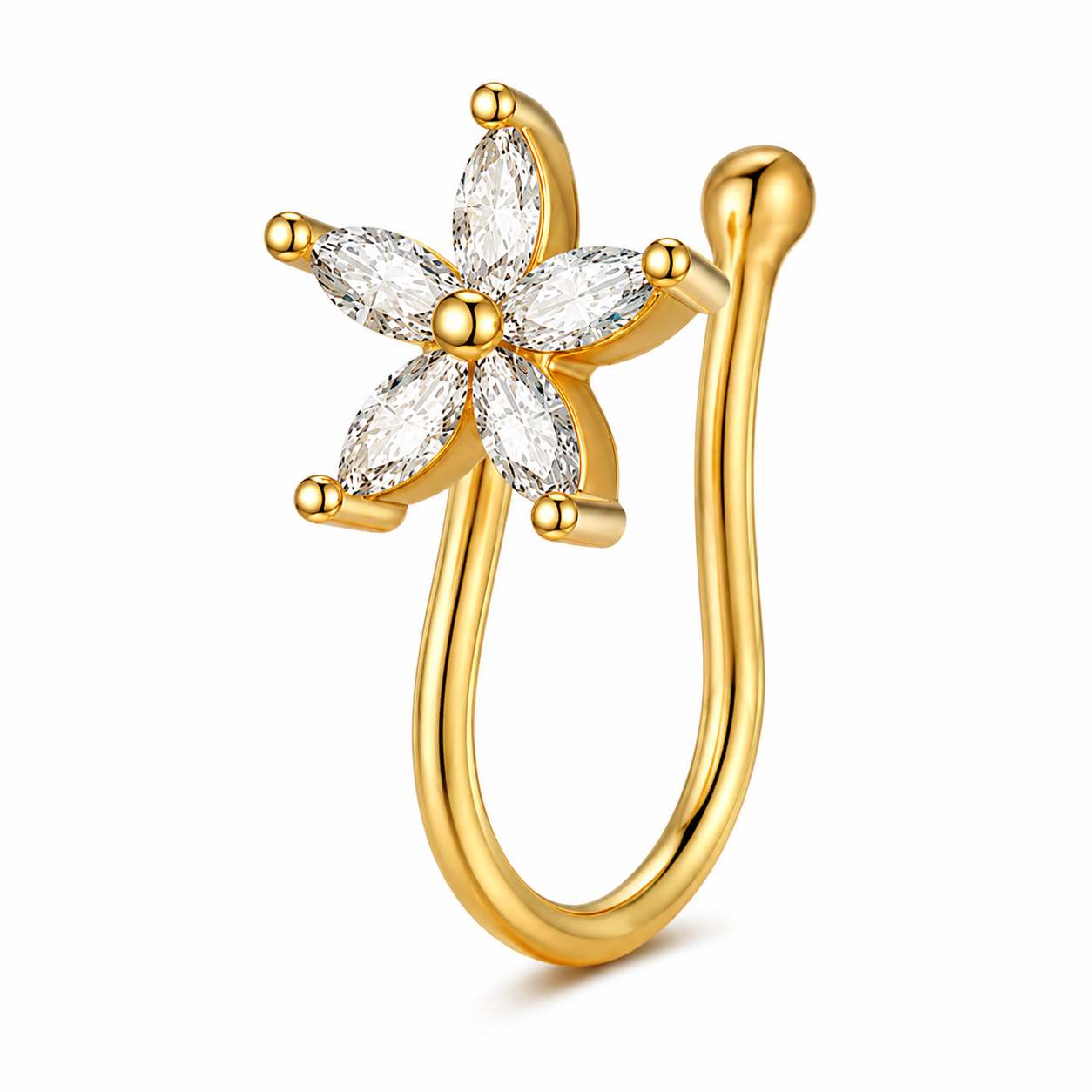 Faux piercing nez fleur à cinq strass doré sans piercing