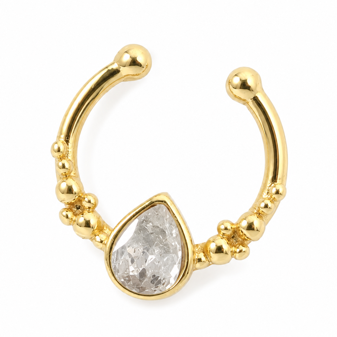 Faux piercing nez goutte à strass doré sans piercing